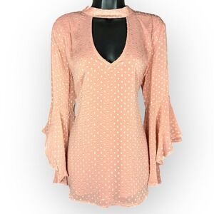 NWT Band of Gypsies Blush polka dot chiffon dress bell sleeve choker boho Size M